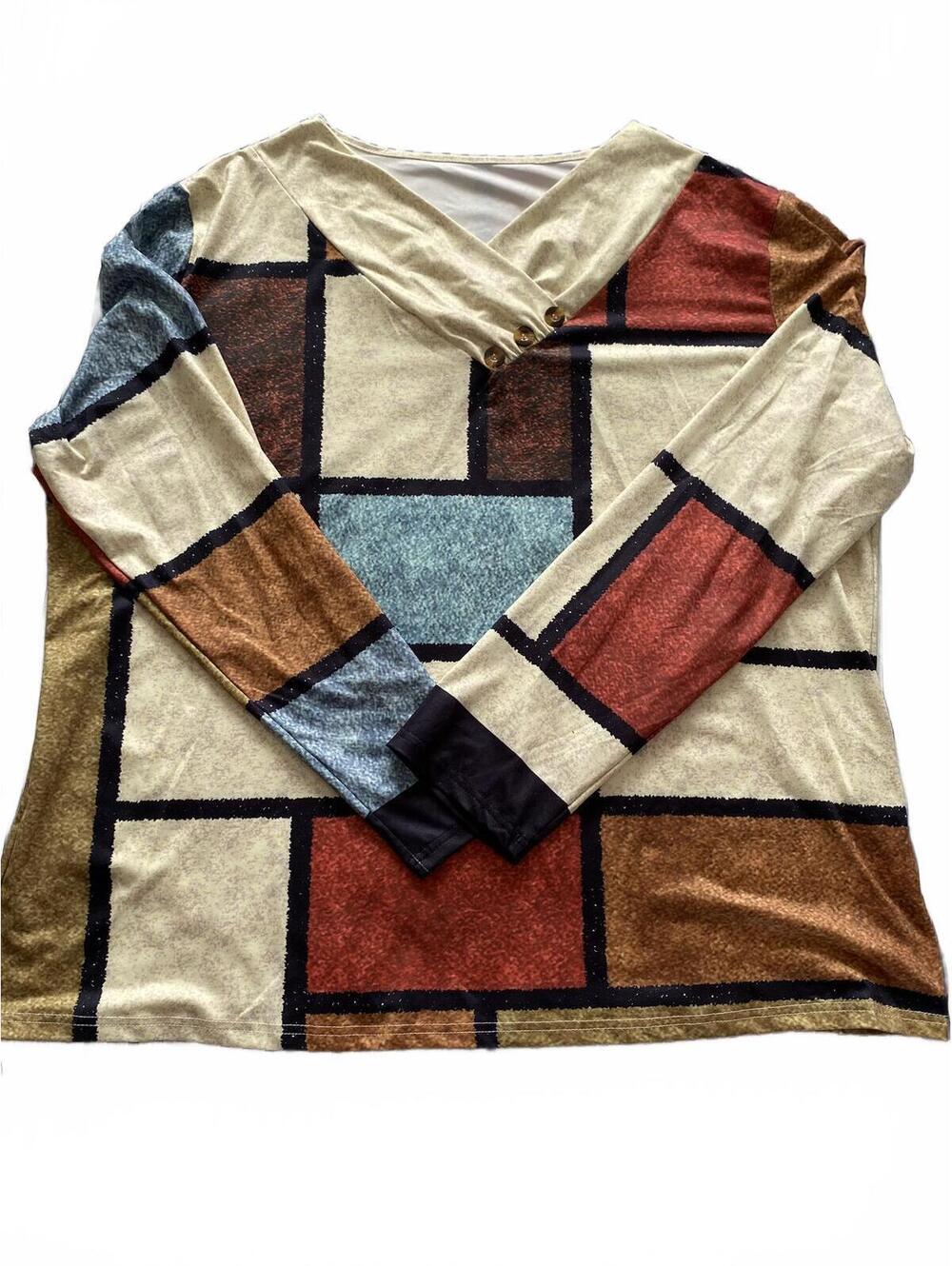 Earth Tones Geometric Stretchy Long Sleeves Top Size 5X